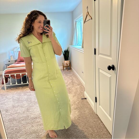 Vintage Coldwater Creek Green Floral Embroidered Shell Button Maxi Dress 12 - Picture 2 of 16